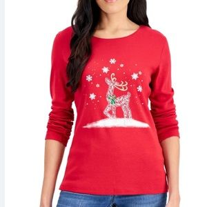 Karen Scott  Red Cotton Embellished Christmas Graphic T-Shirt Size L